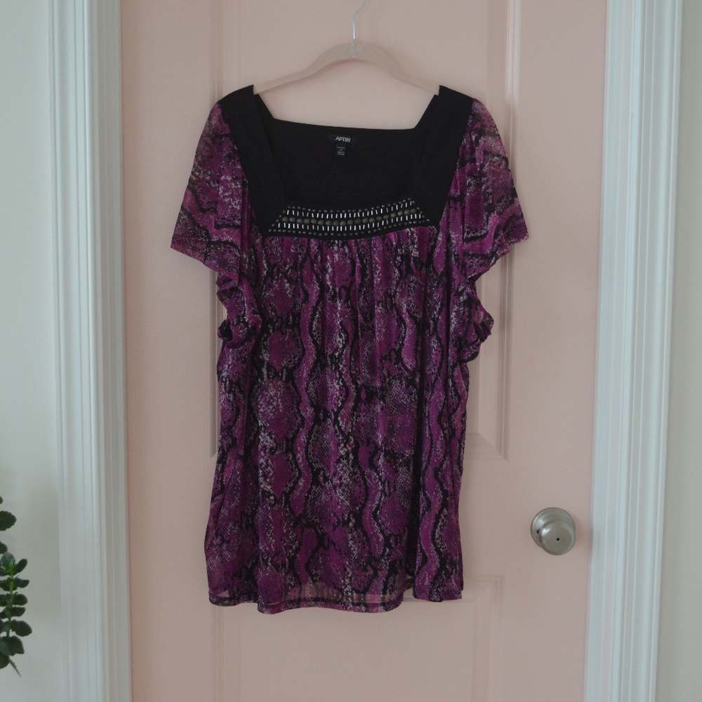 Purple Black Snake Print Short Sleeve Blouse